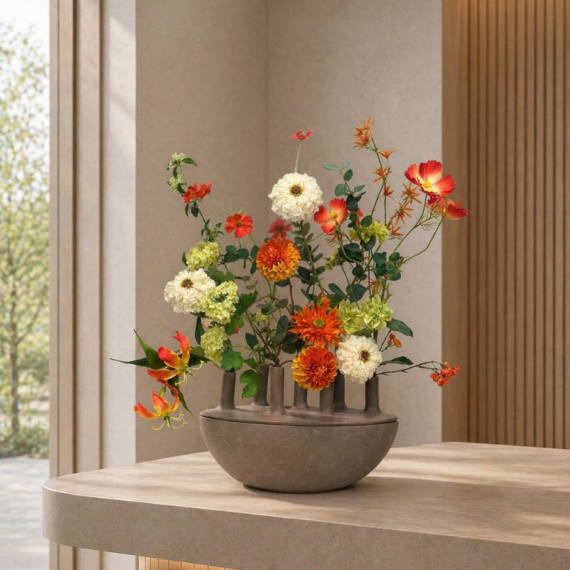 Zijdenbloemenboeket Mieke in rode/oranje/witte tinten. Een echte blikvanger in je interieur.